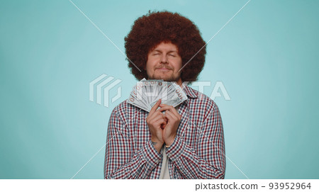 Rich pleased boss man waving money dollar cash, success business career, lottery winner, big income 93952964