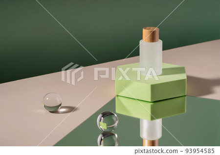 Cosmetic mockup on podium for product presentation. Showcase mock up for perfume advertising, cosmetics stand, branding scene. Green backdrop with transparent sphere stylish props 93954585
