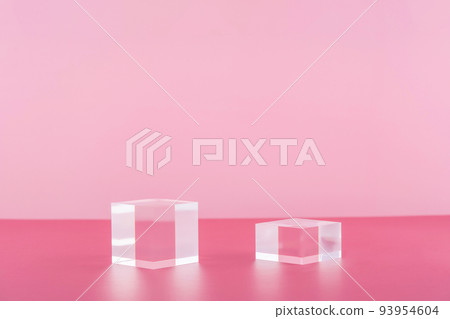 Acrylic blocks on pink background, pedestal cosmetic display glass podium platform for product presentation, geometric stand for cosmetics, mockup scene for jewellery 93954604