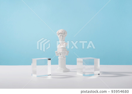 Cosmetic display podium platform solid acrylic blocks with roman marble column for product presentation, cosmetics geometric stand stylish props, mockup scene aesthetic on blue.. Cosmetic display podium platform solid acrylic blocks with roman marble column for product presentation, cosmetics geometric stand stylish props, mockup scene aesthetic on blue.. 93954680