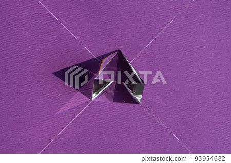 Crystal prism refracting light, magic crystals and pyramid, sphere and cube on purple background. Spiritual healing crystal practice. Feng Shui, good energy flow concept.. 93954682