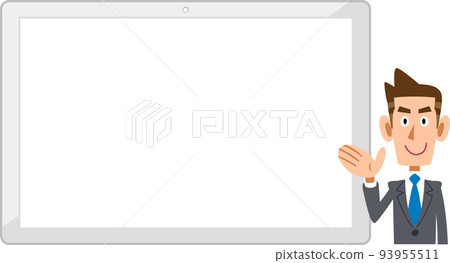 A businessman guiding on the right side of a horizontal white tablet PC 93955511