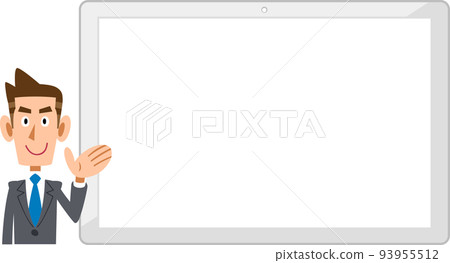 A businessman guiding on the left side of a horizontal white tablet PC 93955512