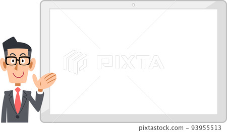 A businessman wearing glasses who guides on the left side of a horizontal white tablet PC 93955513