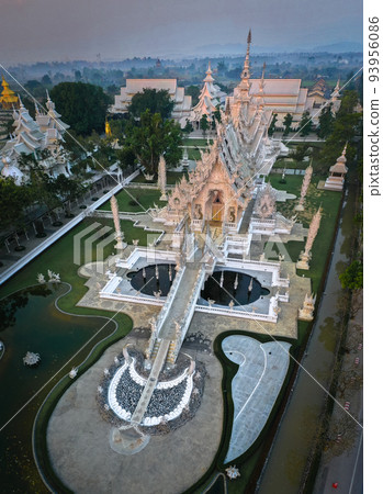 Aerial view of Wat Rong Khun, the white temple, at sunrise, in Chiang Rai, Thailand 93956086