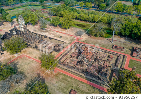 Aerial view of Wat Phrapai Luang temple and ruins in Sukhothai historical park, Thailand 93956257
