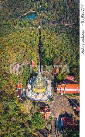 Aerial view of Wat Phra Phutthabat Tak Pha temple on top of the mountain in Lamphun, Thailand 93956777