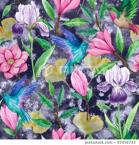 Hummingbirds, magnolia and iris flowers. Watercolor illustration. Seamless pattern for decor and design Hummingbirds, magnolia and iris flowers. Watercolor illustration. Seamless pattern for decor and design 93956793