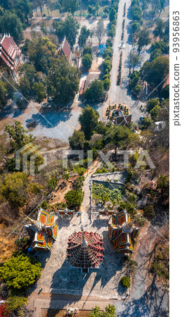 Aerial view of Wat Khao Phra Si Sanphet, temple on top of the hill, in Suphan Buri, Thailand 93956863