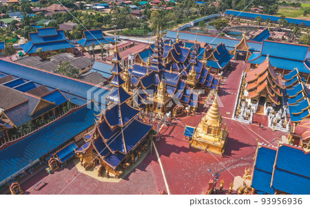 Aerial view of Wat Phiphat Mongkhon blue temple in Sukhothai, Thailand Aerial view of Wat Phiphat Mongkhon blue temple in Sukhothai, Thailand 93956936