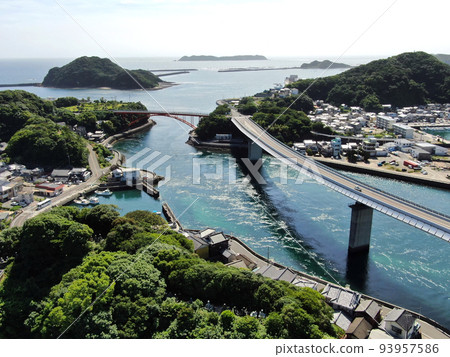 Aerial view of Haiya Bridge in Ushibuka, the southernmost point of Amakusa 93957586