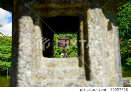 Precincts of Joruri-ji Temple, a three-storied pagoda in a stone lantern 93957708