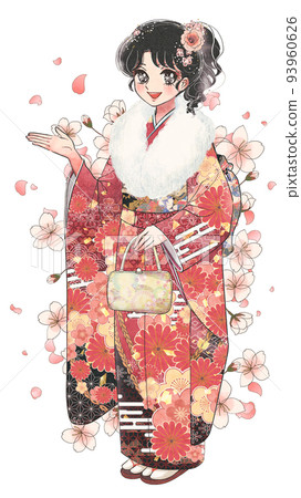 Coming-of-Age Day, cartoon-style illustration of a new adult girl wearing a red kimono Coming-of-Age Day, cartoon-style illustration of a new adult girl wearing a red kimono 93960626