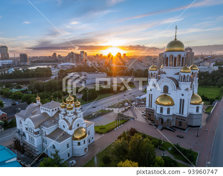 Summer Yekaterinburg, Temple on Blood and Church of St Nicholas in sunset. Aerial view of Yekaterinburg, Russia. Translation of text on the temple Summer Yekaterinburg, Temple on Blood and Church of St Nicholas in sunset. Aerial view of Yekaterinburg, Russia. Translation of text on the temple 93960747