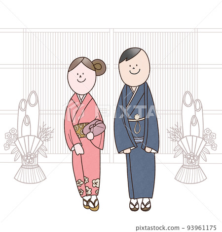 A couple standing at the entrance with a kadomatsu and greeting A couple standing at the entrance with a kadomatsu and greeting 93961175