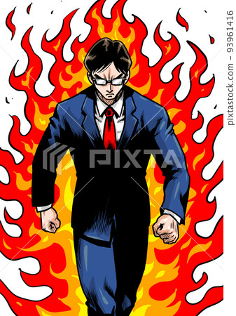 Gekiga manga-style illustration of a businessman taking a step forward with flames on his back Gekiga manga-style illustration of a businessman taking a step forward with flames on his back 93961416