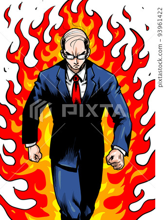 Gekiga 漫畫風格的插圖,描繪了一個背著火焰向前邁進的商人 Gekiga 漫畫風格的插圖,描繪了一個背著火焰向前邁進的商人 93961422