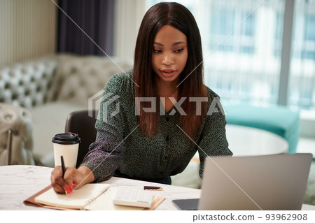 Portrait of elegant female entrepreneur working on laptop and taking notes in planner Portrait of elegant female entrepreneur working on laptop and taking notes in planner 93962908