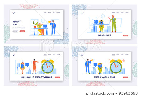 Work Deadline Landing Page Template Set. Angry Boss Yell in Loudspeaker and Showing Time with Business Characters 93963668