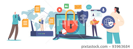 Internet Safety, Computer Security, Privacy, Data Protection, Virtual Private Network Concept. Characters at Huge Laptop 93963684