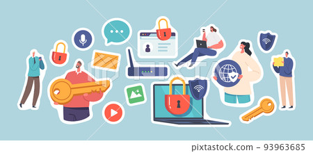Set of Stickers Internet Safety, Computer Privacy, Data Protection, Virtual Private Network. Characters Work on Laptop 93963685