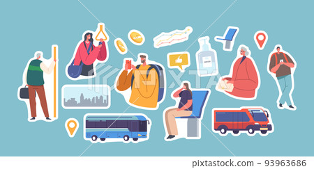 Set of Stickers Passengers Travel on Bus, Urban Public Transport. Tourists and Citizen Characters Sitting and Standing 93963686