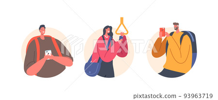 People in Bus or Subway Isolated Round Icons or Avatars. City Dwellers in Metro Underground Train, Passengers 93963719