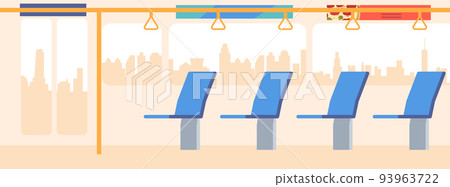 Bus Empty Interior with Glass Door, Seats, Handles, Pole and Large Windows with Cityscape View, Public City Transport Bus Empty Interior with Glass Door, Seats, Handles, Pole and Large Windows with Cityscape View, Public City Transport 93963722