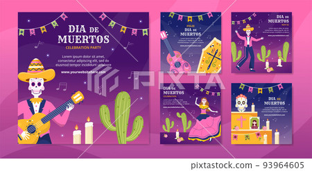Dia De Los Muertos or Day of the Dead Social Media Post Template Hand Drawn Cartoon Illustration 93964605