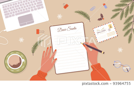 Woman write christmas letter to Santa Claus. Winter holiday wish list. Female hands with notebook sheet page. Top view workplace. Cozy vector illustration in flat cartoon style 93964755