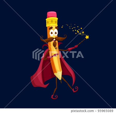 Cartoon school pencil wizard, mage or warlock character. Isolated vector office stationery personage wear red cloak making spell with wand. Funny wooden wiz, mustached enchanter writing tool with Cartoon school pencil wizard, mage or warlock character. Isolated vector office stationery personage wear red cloak making spell with wand. Funny wooden wiz, mustached enchanter writing tool with 93965089
