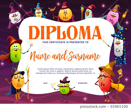 Kids diploma. Cartoon micronutrient and vitamin wizard or mage characters. Child education certificate or diploma vector template with Mg, K, Fe and Zn, Se food supplement sorcerer cheerful personages 93965100