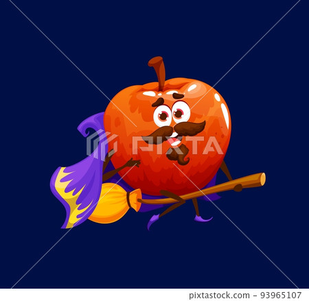 Cartoon Halloween red apple witch, wizard or sorcerer character. Ripe vector funny fruit in purple cloak flying on broom. Smiling fairy tale personage, isolated healthy food wiz, apple on broomstick 93965107