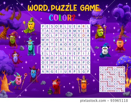Word search puzzle game, cartoon vitamin Halloween wizard and mage characters. Vector worksheet, kids quiz grid. Crossword brainteaser for children with cartoon capsule personages witches, brainteaser 93965118