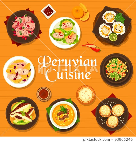 Peruvian cuisine menu cover design template. Beef corn chowder, fish ceviche with red onion and chili, clam ceviche, avocado quinoa salad and cookie Alfajores, fish ceviche with grapefruit and avocado 93965246