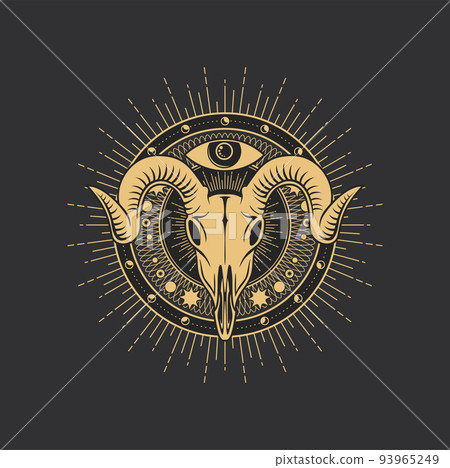 Occult symbol, esoteric tarot skull, magic and alchemy vector eye in circle. Esoteric tarot card symbol of sacred sun and celestial circle with stars and moons, Baphomet goat skull for magic pentagram 93965249