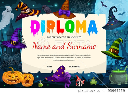 Kids diploma. Halloween witch hats, cemetery, pumpkin lanterns and cobweb. Kindergarten child winner award or vector certificate with wizard cauldron, sorcerer hat and Halloween pumpkin, ghost, frog Kids diploma. Halloween witch hats, cemetery, pumpkin lanterns and cobweb. Kindergarten child winner award or vector certificate with wizard cauldron, sorcerer hat and Halloween pumpkin, ghost, frog 93965259