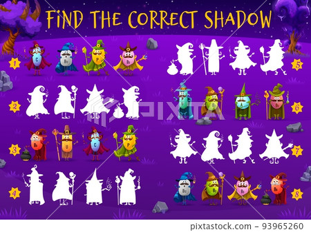Find the correct shadow of cartoon vitamin wizard characters. Similarity search puzzle or kids quiz vector worksheet with C, B, P and U, A, vitamins, food supplements sorcerer personages on meadow Find the correct shadow of cartoon vitamin wizard characters. Similarity search puzzle or kids quiz vector worksheet with C, B, P and U, A, vitamins, food supplements sorcerer personages on meadow 93965260