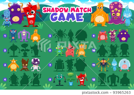 Shadow match game. Cartoon monster characters. Child shadow match game or quiz vector worksheet with zombie, alien octopus and funny yeti, angry devil, fantasy dragon and flame spirit cute personages 93965263