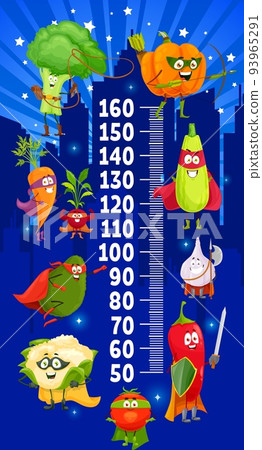 Kids height chart with cartoon vegetable superheroes growth meter. Vector stadiometer with veggies super hero broccoli, pumpkin, squash, garlic, chili, tomato, cauliflower, avocado, carrot and radish 93965291