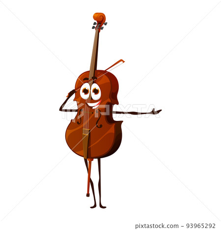 Cartoon contrabass, double bass character. Isolated vector musical string instrument personage. Musician equipment with smiling face and bow in hand playing classic music. Educational classes for kids Cartoon contrabass, double bass character. Isolated vector musical string instrument personage. Musician equipment with smiling face and bow in hand playing classic music. Educational classes for kids 93965292