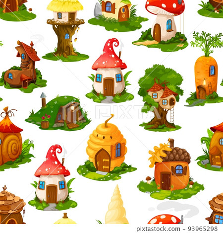 Seamless pattern of cartoon fairytale houses and dwellings of gnome elf, vector background. Fairy tale homes village and gnome huts in mushroom, carrot or boot and beehive 93965298