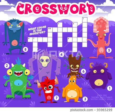 Crossword quiz game. Cartoon monster characters. Child word search riddle or vocabulary quiz vector worksheet with funny squid, cute green dragon and fluffy beast, angry devil cute monster personages 93965299