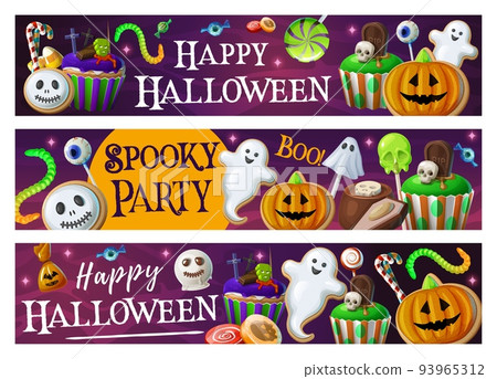 Cartoon Halloween sweets, dessert and cookies. Halloween holiday background or vector banner with creepy cupcake, ghost cookie, worm jelly and skull candy, eyeball lollypop, scary muffin pastry 93965312