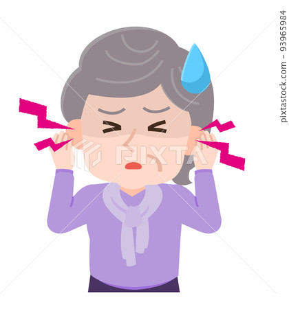 Illustration of an elderly woman suffering from tinnitus 93965984
