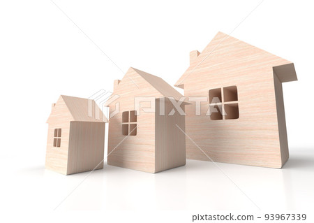 3d illustration. Three houses made of light wood of different sizes on a white background.  93967339