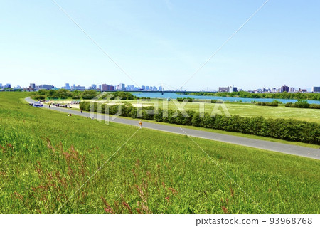 淀川花仙敷公園:從大阪市左岸的綠草遠眺豐里大橋 淀川花仙敷公園:從大阪市左岸的綠草遠眺豐里大橋 93968768
