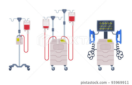 Defibrillator and Intravenous Bag as Medical Equipment and Assistance Device Vector Set Defibrillator and Intravenous Bag as Medical Equipment and Assistance Device Vector Set 93969911