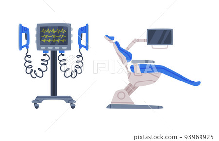 Defibrillator and Chair as Medical Equipment and Assistance Device Vector Set 93969925