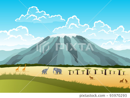African safari flat vector banner concept. Beautiful nature landscape with cartoon animal characters. Tropical tourism, exotic recreation poster. Wilderness savannah illustration 93970293